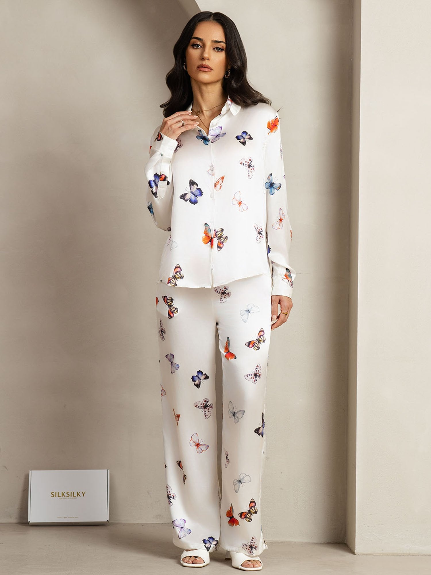 [WitteVlinder] SilkSilky-NL 19Momme Zijde Kraag Women''s Outfit Sets 001