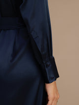 [Donkerblauw] SilkSilky-NL Long Sleeve Lapel Collar Jurk 004