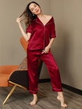 SilkSilky NL Pure Silk Korte Mouw Revers Dames Pyjama Set Wijn 007