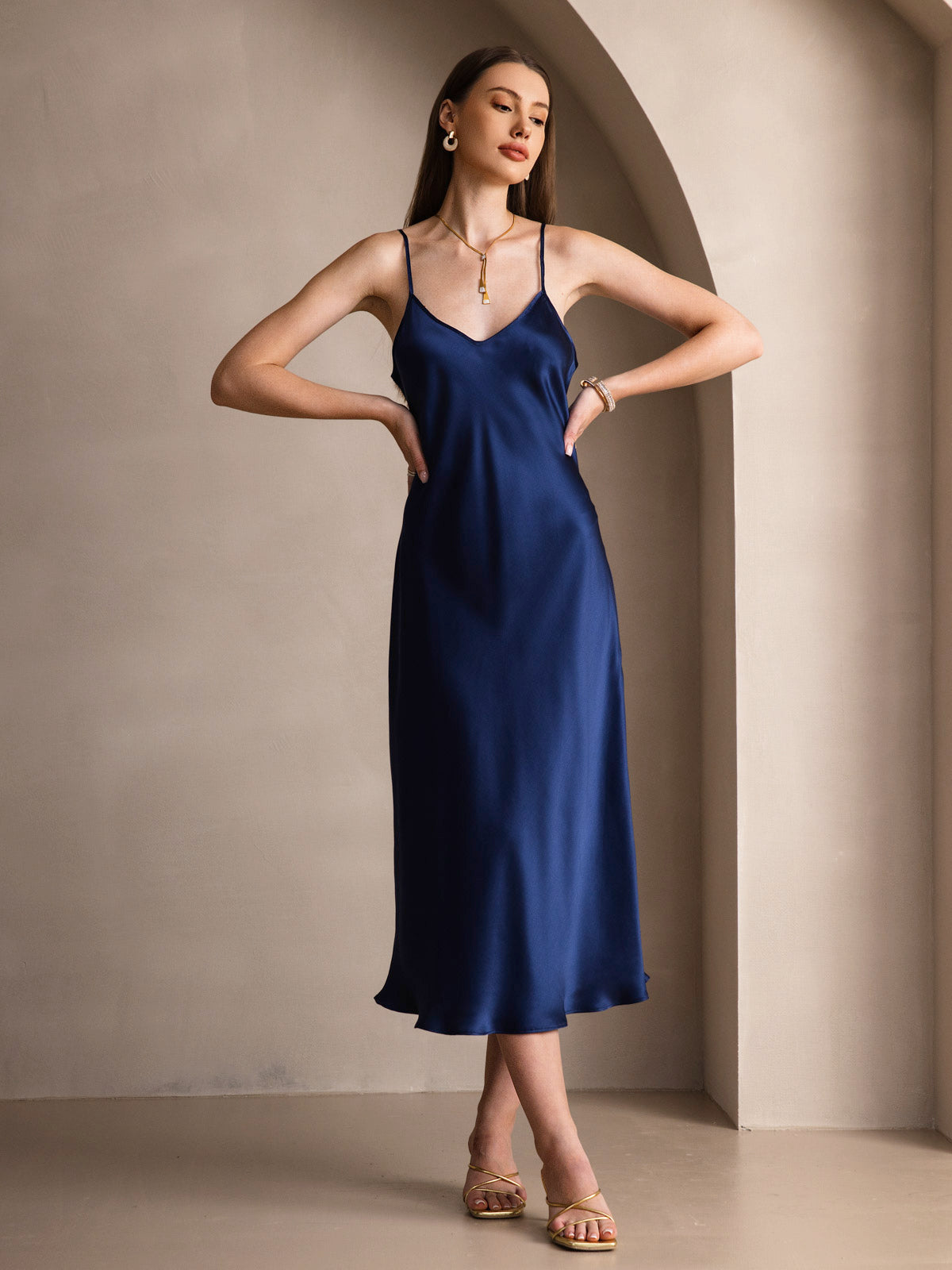 [Donkerblauw] SilkSilky-NL Ronde Hals Jurk 006
