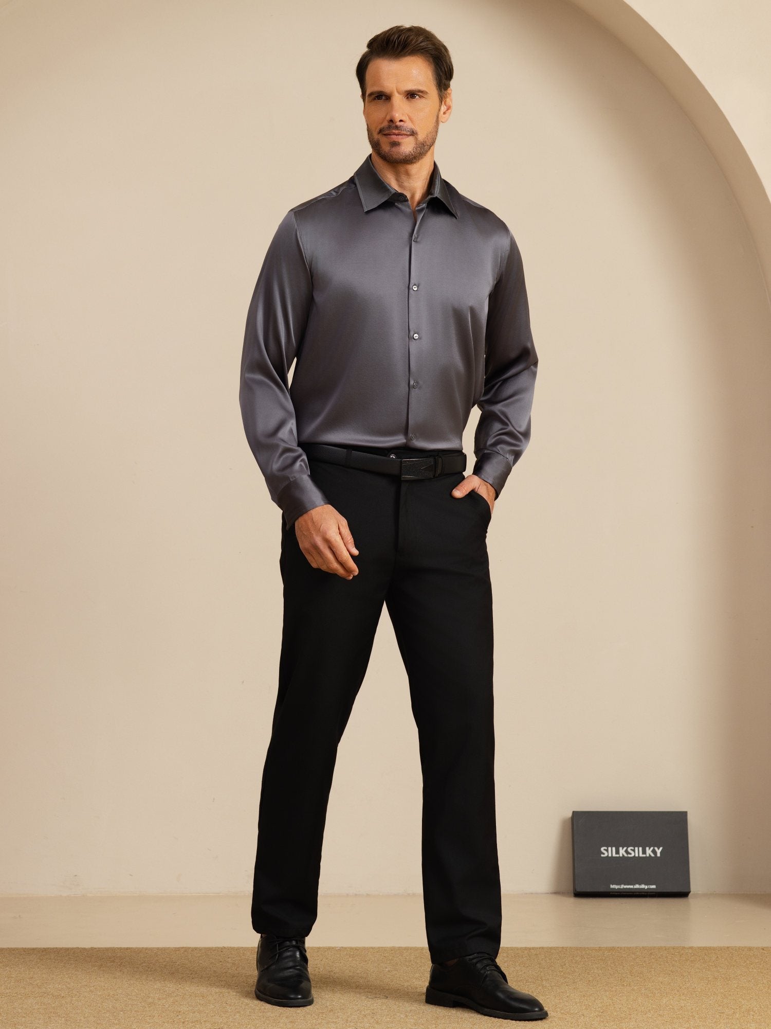 [Donkergrijs] SilkSilky-NL 19Momme Lange Mouw Reverskraag Heren Shirt 008