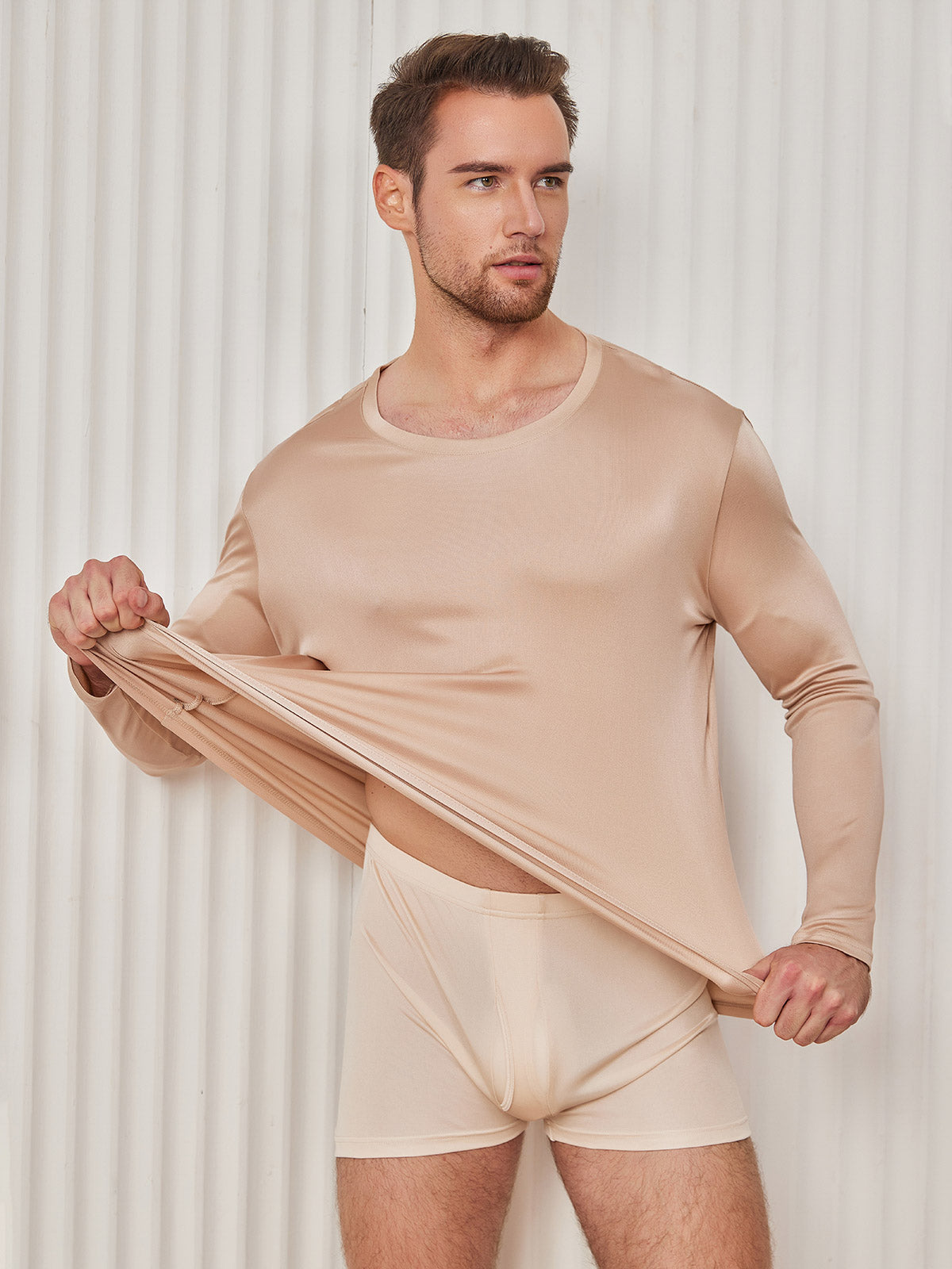 [Beige] SilkSilky-NL Zijde Gebreid Ronde Hals Heren T-Shirt 002