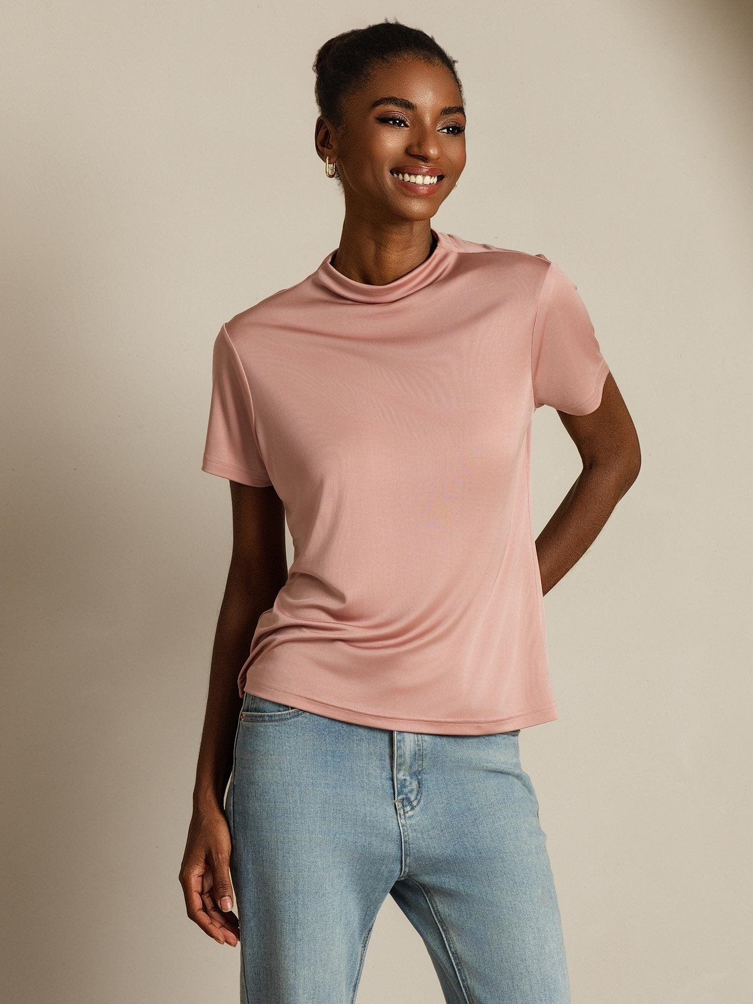 [Roze] SilkSilky-NL Zijde Kraag Dames T-Shirt 006