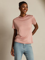 [Roze] SilkSilky-NL 100% Silk Jersey Short Sleeve Mock Neck Dames T-Shirt 006