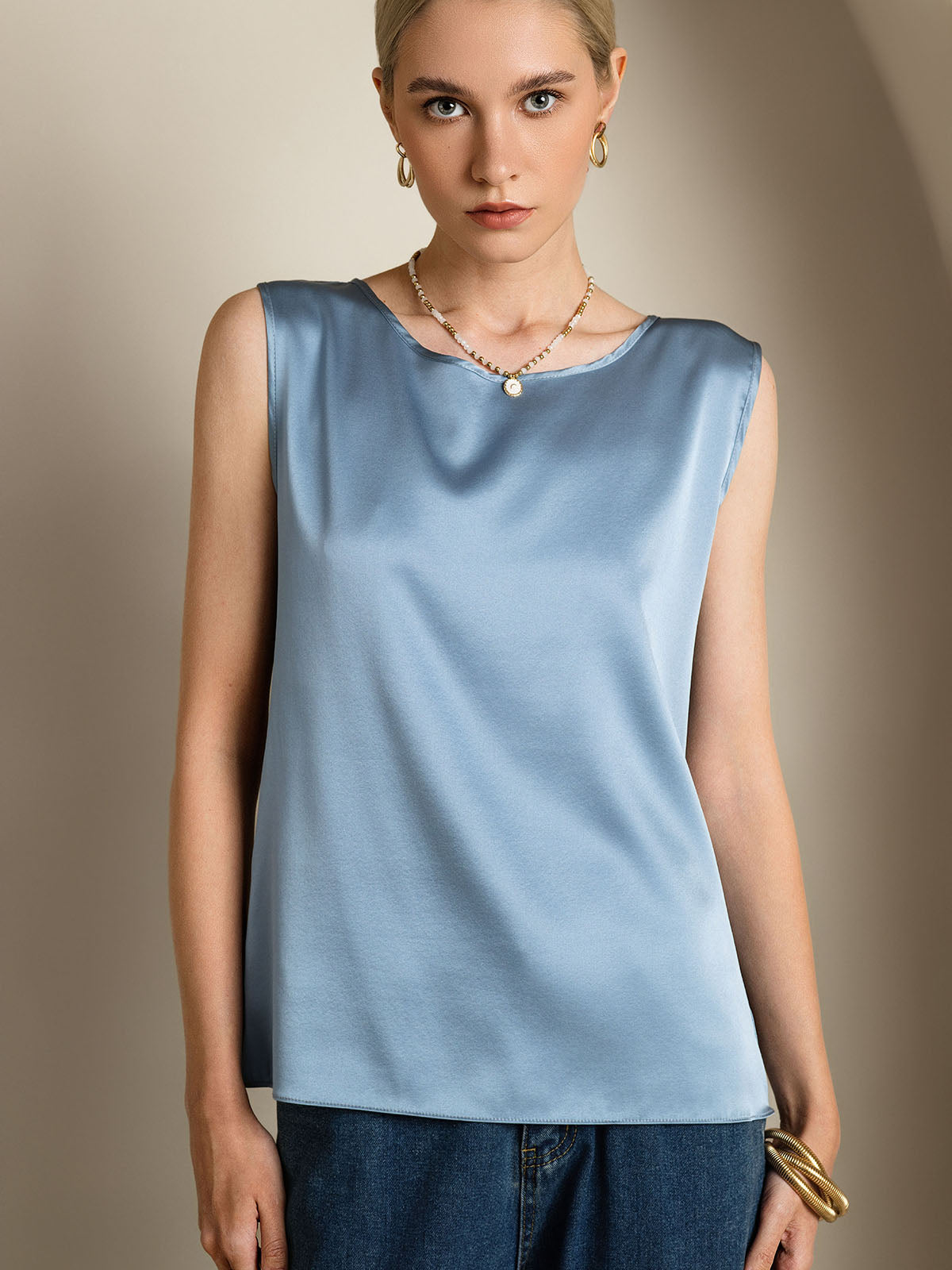[Grijsachtig Blauw] SilkSilky-NL 19Momme Zijde Ronde Hals Cami-Top 005