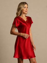 [Donkerrood] SilkSilky-NL Short Sleeve V Neck Nachthemd 006