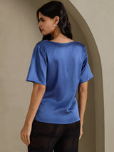 [Echt Petrol] SilkSilky-NL Short Sleeve Cowl Neck Blouse 002