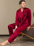 SilkSilky NL Pure Silk Lange Mouw Revers Heren Pyjama Set Wijn 001