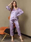 SilkSilky NL Pure Silk Lange Mouw Revers Dames Pyjama Set Lavendel 006