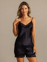[Zwart] SilkSilky-NL Spaghetti Strap V Neck Cami-Set 001