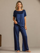 [Donkerblauw] SilkSilky-NL 19Momme Korte Mouw Dames Pyjama Set 004