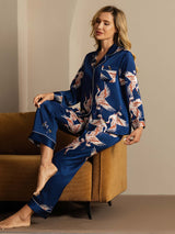 [Donkerblauw] SilkSilky-NL Long Sleeve Lapel Collar Dames Pyjama Set 010