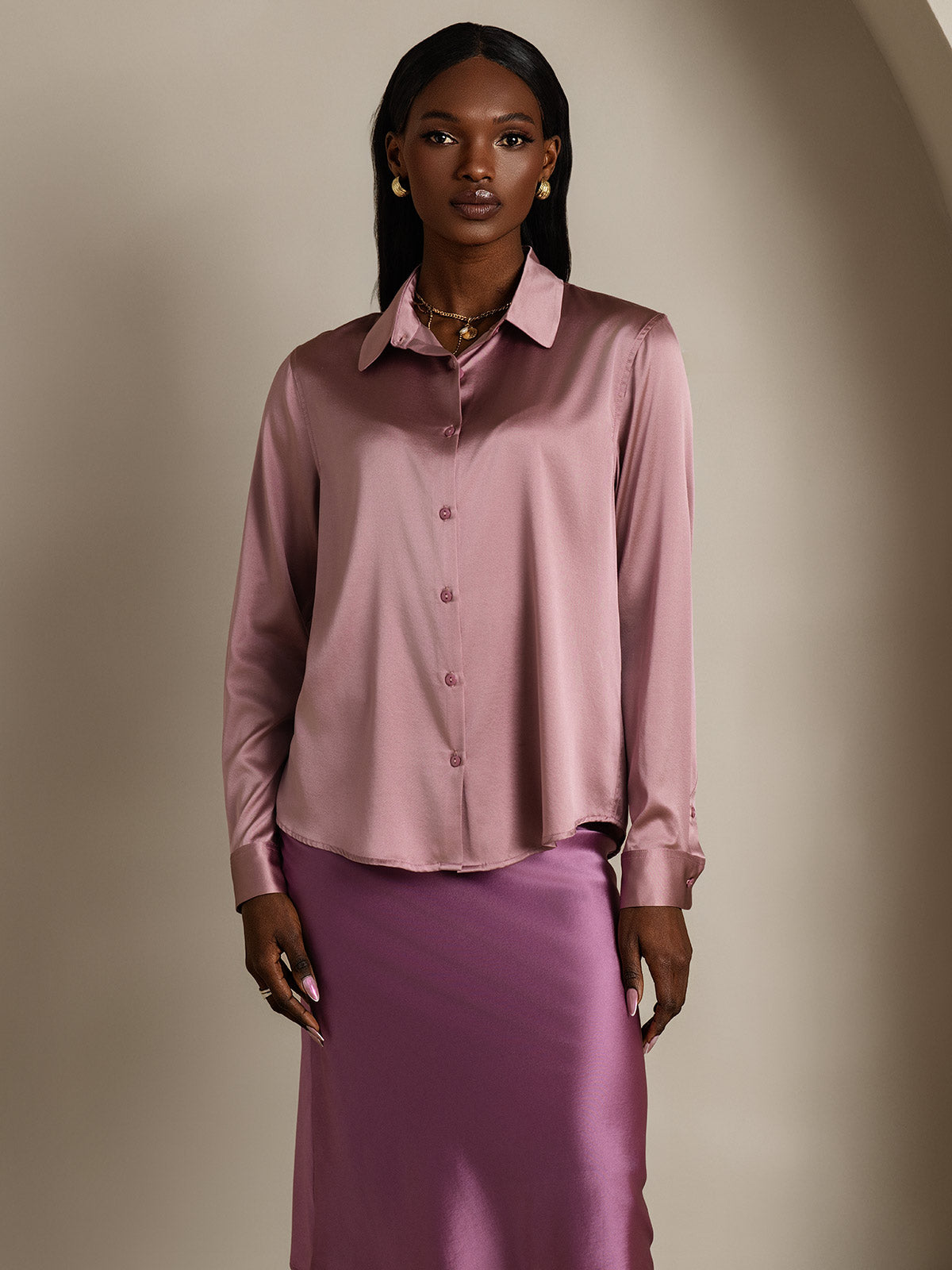 SilkSilky-NL Zijde Lange Mouw Kraag Dames Blouse BleekMauve 006