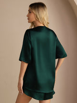 [Donkergroen] SilkSilky-NL Short Sleeve Round Neck Dames Pyjama Set 002
