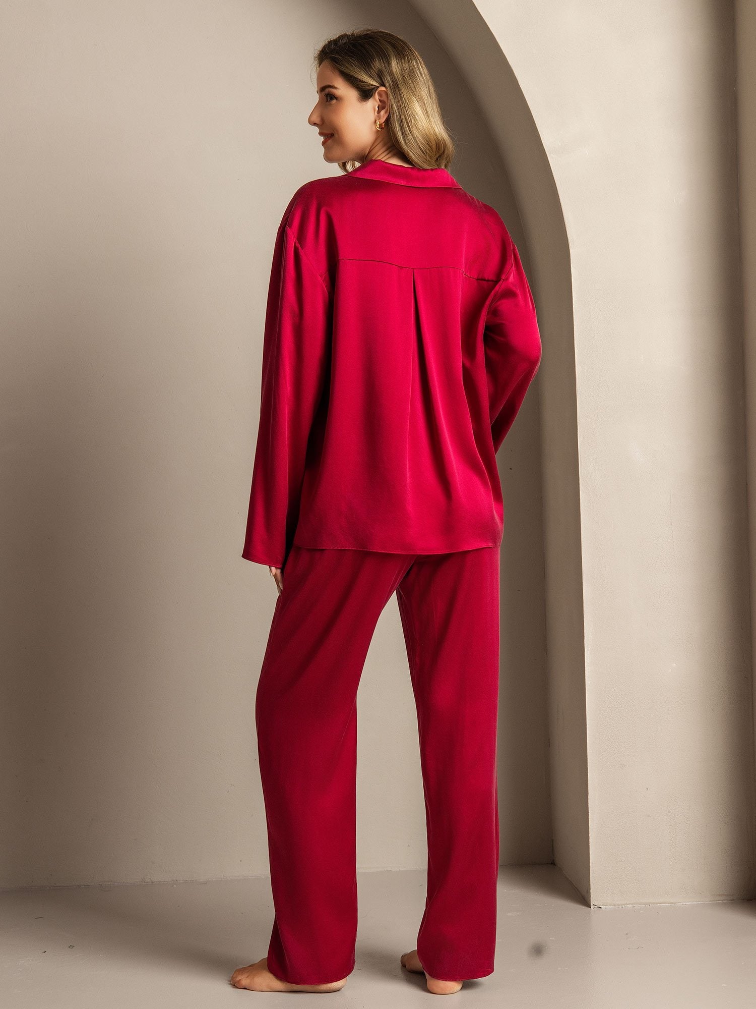 [Wijn] SilkSilky-NL 19Momme Zijde Inkeping Dames Pyjama Set 002