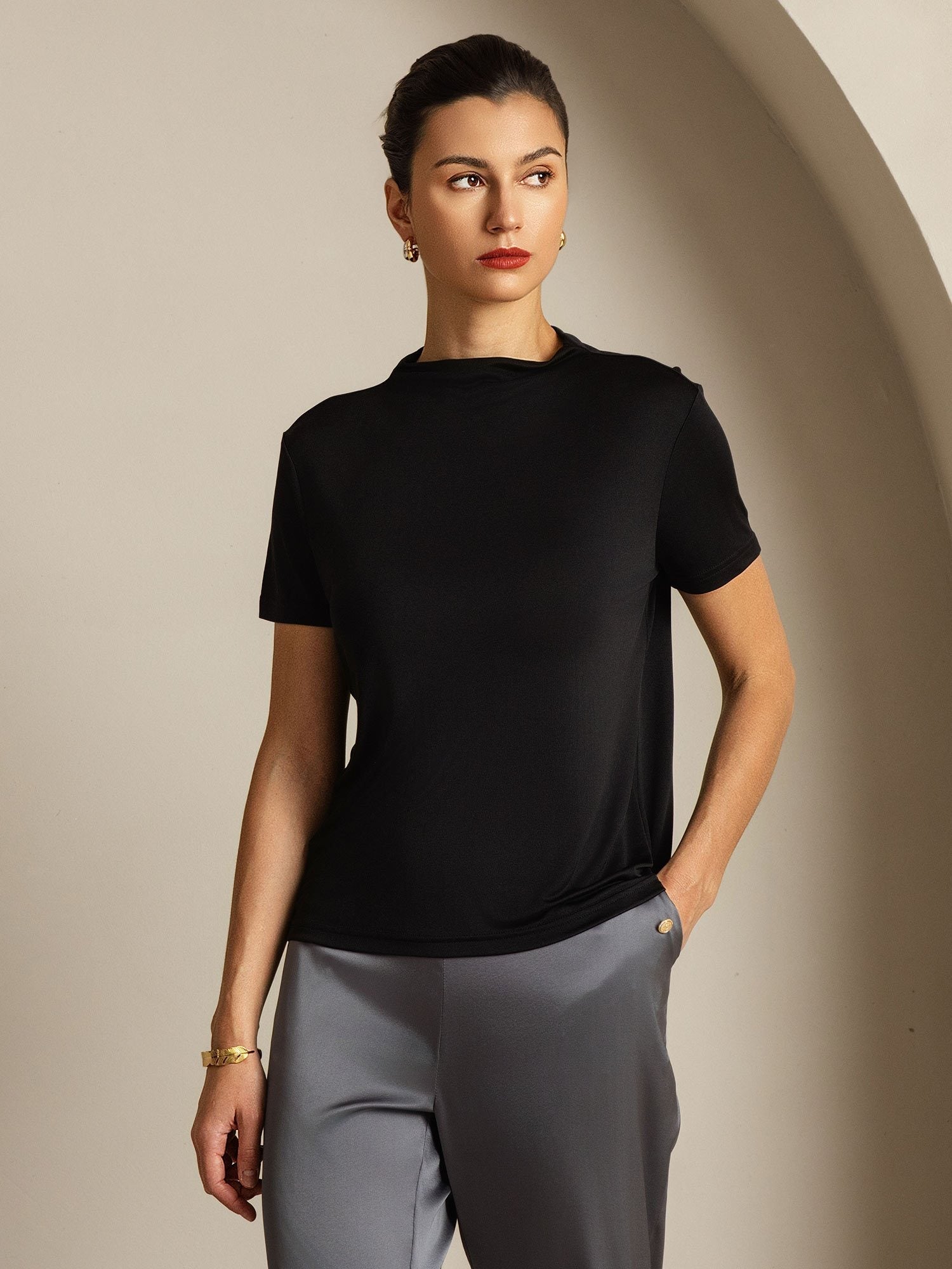 [Zwart] SilkSilky-NL Zijde Kraag Dames T-Shirt 008