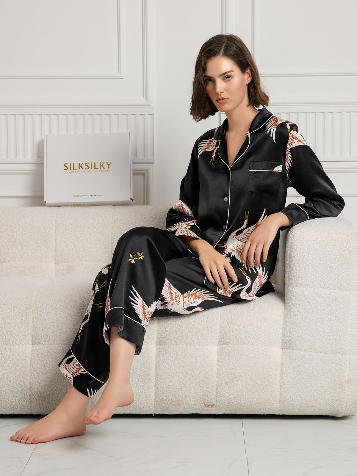 SilkSilky-NL 19Momme Lange Mouw Revers Dames Pyjama Set Zwart 005