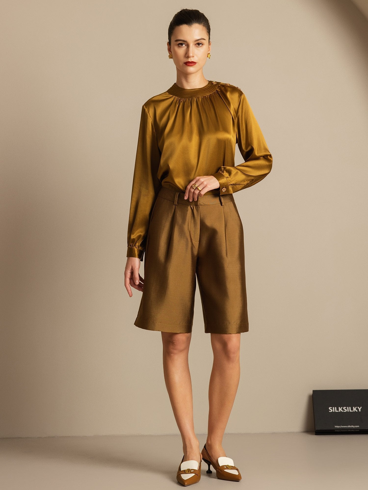 [Brons] SilkSilky-NL 32Momme Silk-Wool Blend Womens Shorts 007,