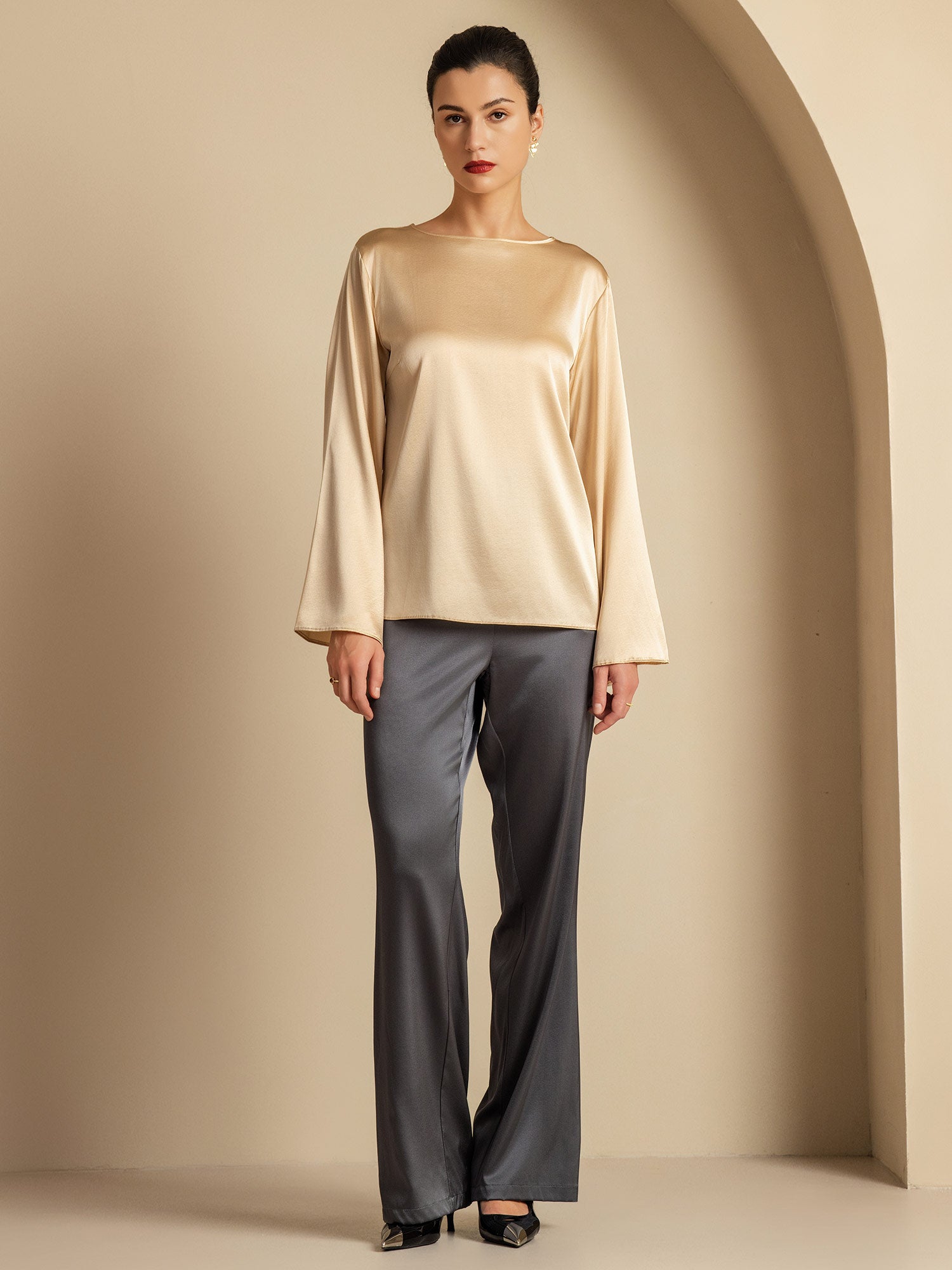 [Champagne] SilkSilky-NL 19Momme Zijde Ronde Hals Dames T-Shirt 009