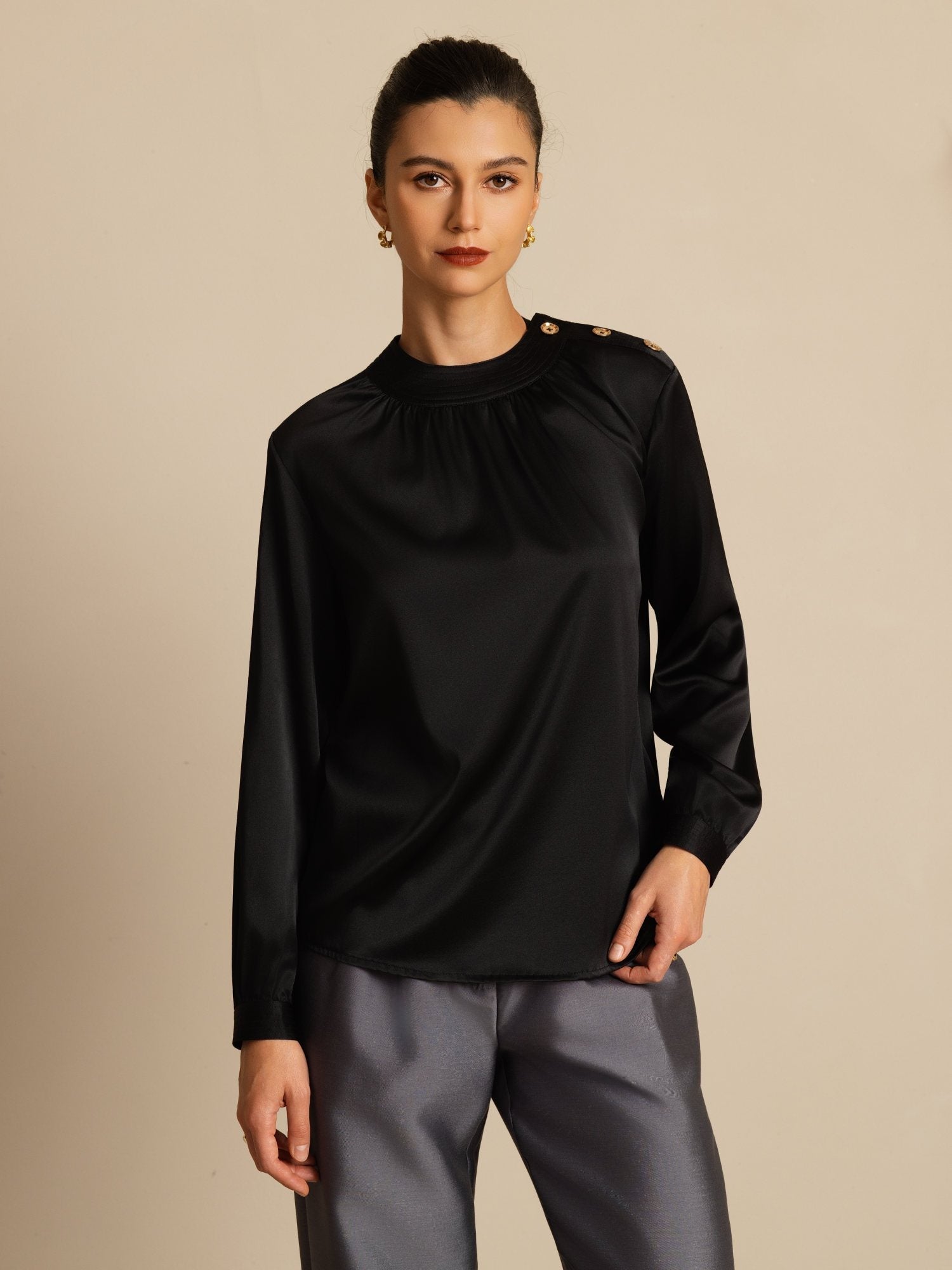 [Zwart] SilkSilky-NL 19Momme Lange Mouw Ronde Hals Blouse 003