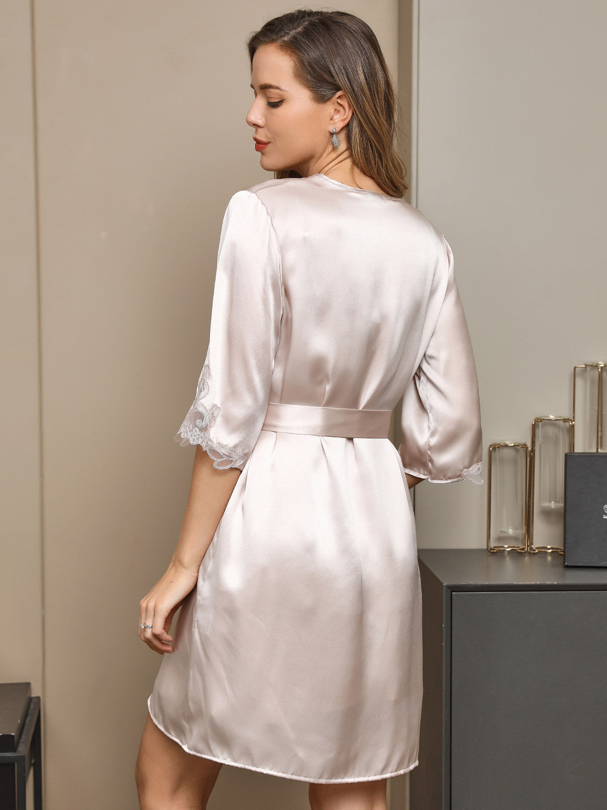 [Beige] SilkSilky-NL Pure Silk Halve Mouw Nightgown&Robe Set 002