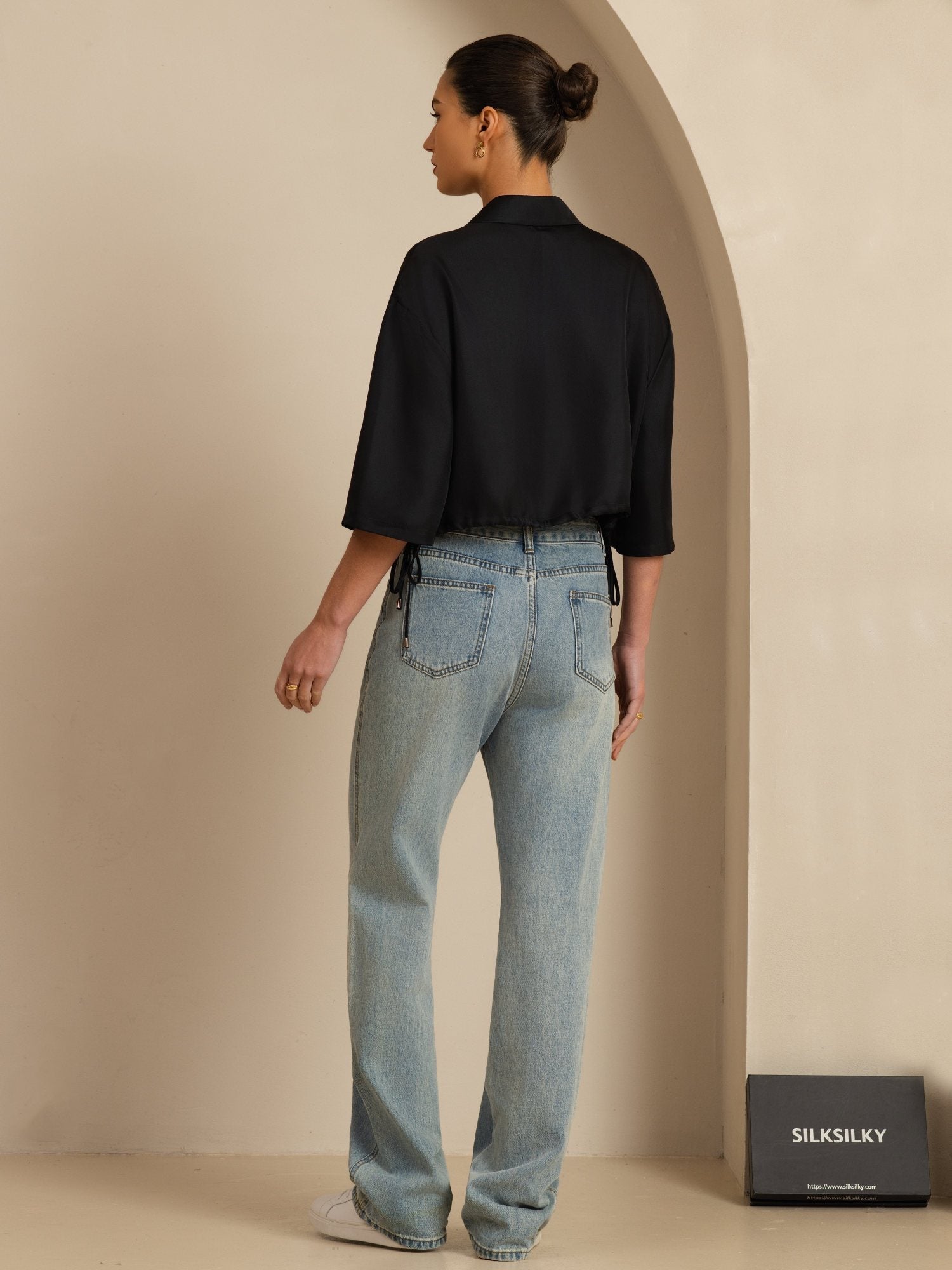 [Zwart] SilkSilky-NL 18Momme Halve Mouw Reverskraag Blouse 002