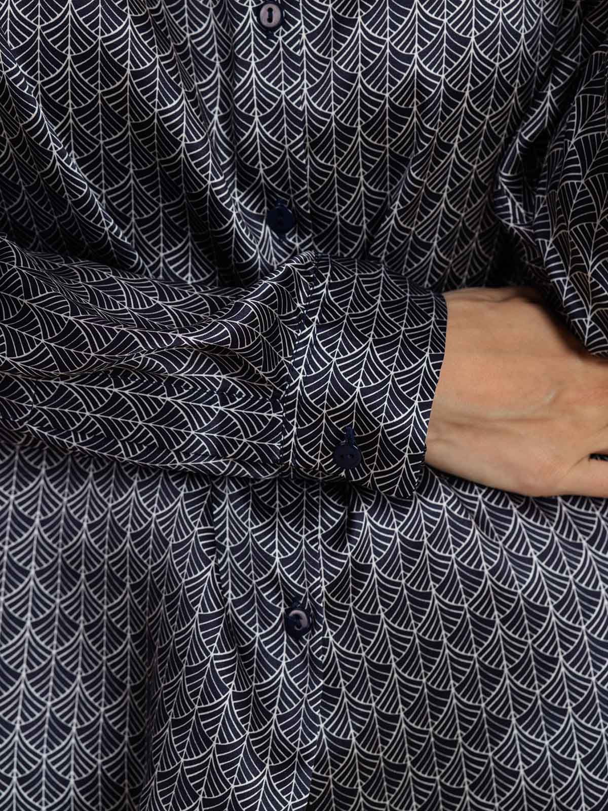 [Marine Ginkgo] SilkSilky-NL Zijde Lange Mouw Kraag Dames Blouse 003