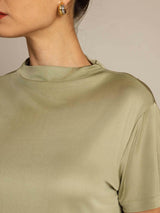 [Gedroogd Kruiden] SilkSilky-NL 100% Silk Jersey Short Sleeve Mock Neck Dames T-Shirt 004