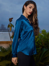 [Koningsblauw] SilkSilky-NL Long Sleeve Lapel Collar Dames Blouse 003