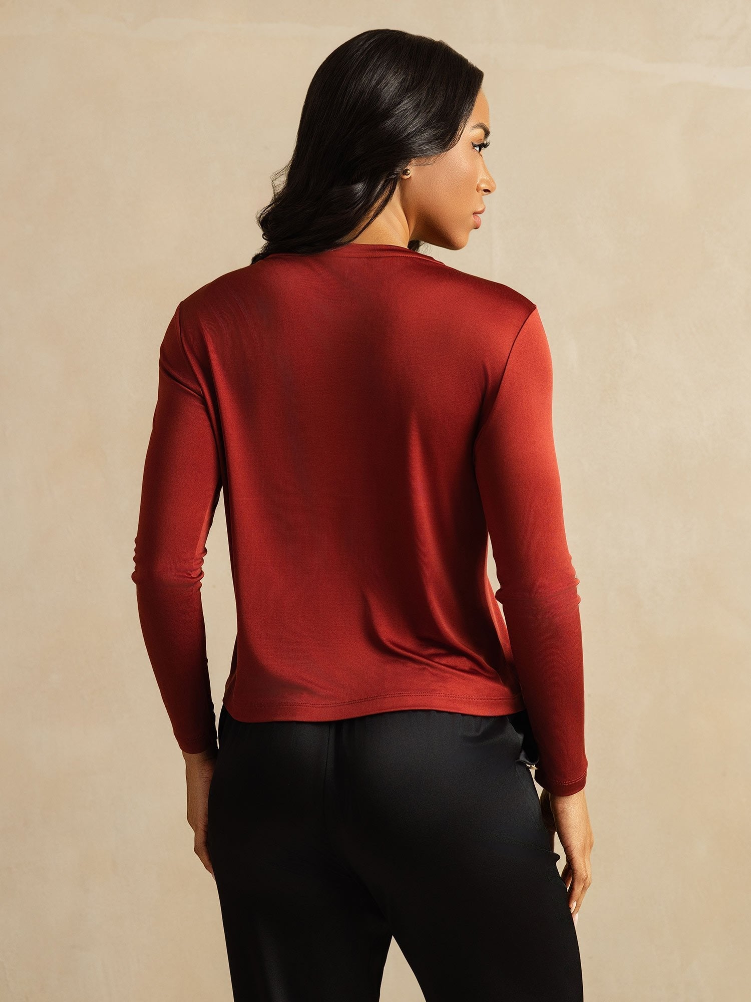 [Gebakken Baksteen] SilkSilky-NL Lange Mouw Crew Hals Dames T-Shirt 002