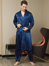[Donkerblauw] SilkSilky-NL Pure Silk Lange Mouw Revers Heren Kamerjas 006