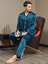 [Koningsblauw] SilkSilky-NL Lange Mouw Notchkraag Heren Pyjama Set 007