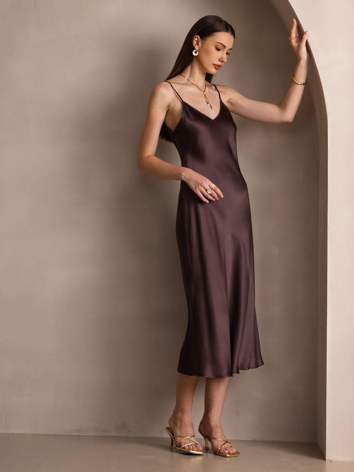 [Koffie] SilkSilky-NL Ronde Hals Jurk 008