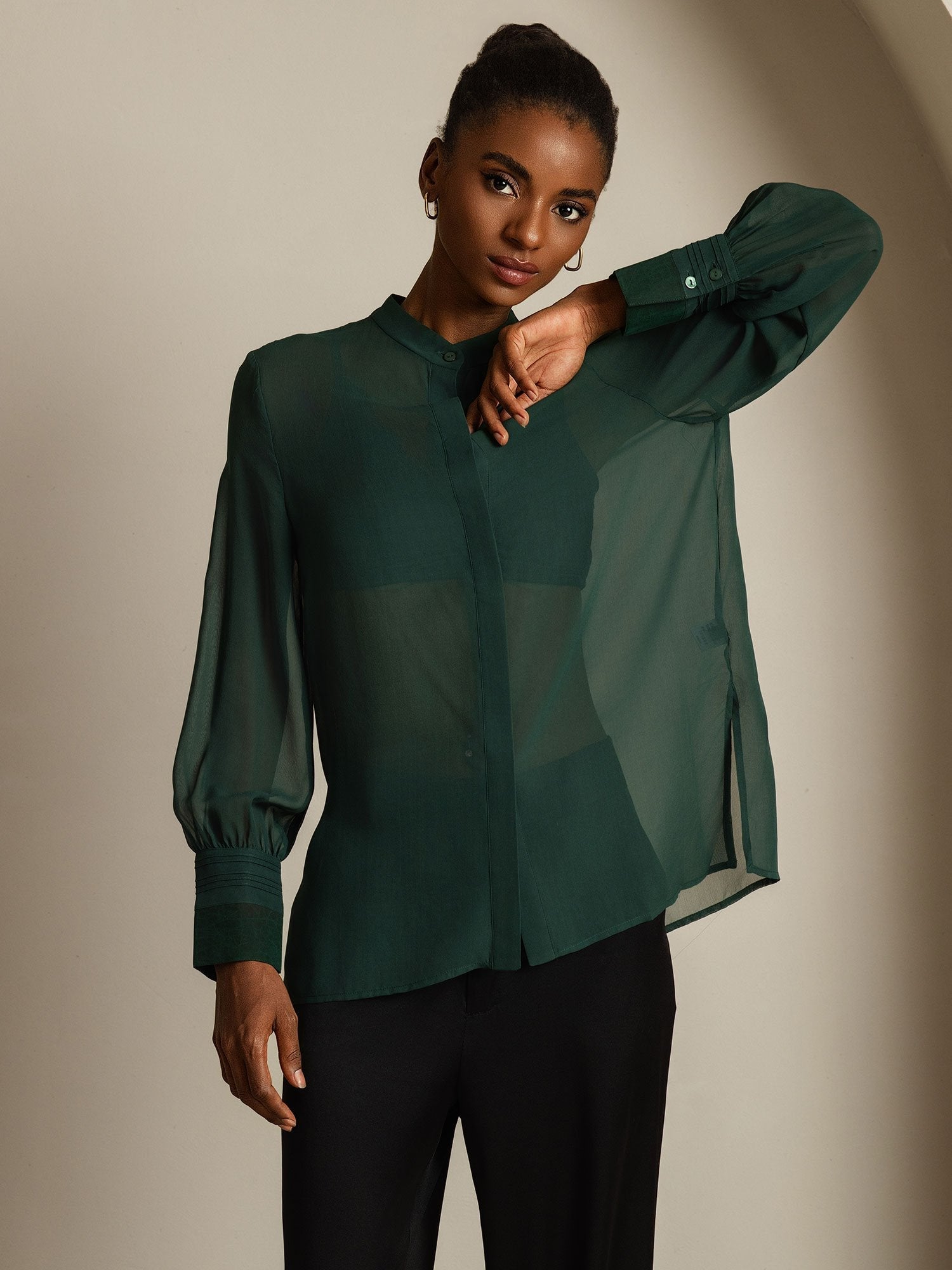 [Donkergroen] SilkSilky-NL Zijde Womens Shirt 008