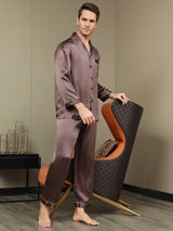 [Koffie] SilkSilky-NL Pure Silk Lange Mouw Revers Heren Pyjama Set 005