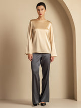 [Champagne] SilkSilky-NL Long Sleeve Boat Neck Blouse 007