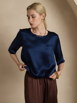 [Donkerblauw] SilkSilky-NL Halve Mouw Diepe Ronde Hals Dames T-Shirt 005