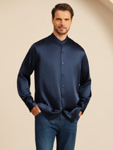 [Donkerblauw] SilkSilky-NL Long Sleeve Stand Collar Heren Shirt 004