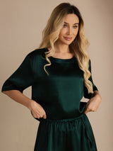 [Donkergroen] SilkSilky-NL Short Sleeve Round Neck Dames Pyjama Set 004