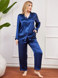 SilkSilky NL Pure Silk Lange Mouw Revers Dames Grote maten Pyjama Set Donkerblauw 005