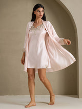 [Roze] SilkSilky-NL 3/4 Sleeve V Neck Nachthemd&Kamerjas Set 001