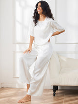 [Wit] SilkSilky-NL Halve Mouw Ronde Hals Dames Pyjama Set 007
