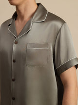 [Grijsachtig Groen] SilkSilky-NL Korte Mouw Notchkraag Heren Pyjama Set 006