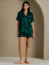 [Donkergroen] SilkSilky-NL Short Sleeve Lapel Collar Dames Pyjama Set 007