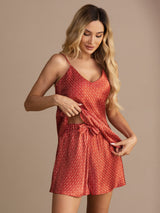 [Wijnrood Ginkgo] SilkSilky-NL Spaghetti Strap V Neck Cami-Set 005