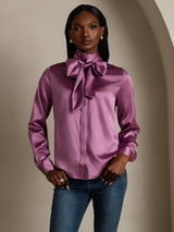 [Donkerpaars] SilkSilky-NL Long Sleeve Tie Neck Blouse 001