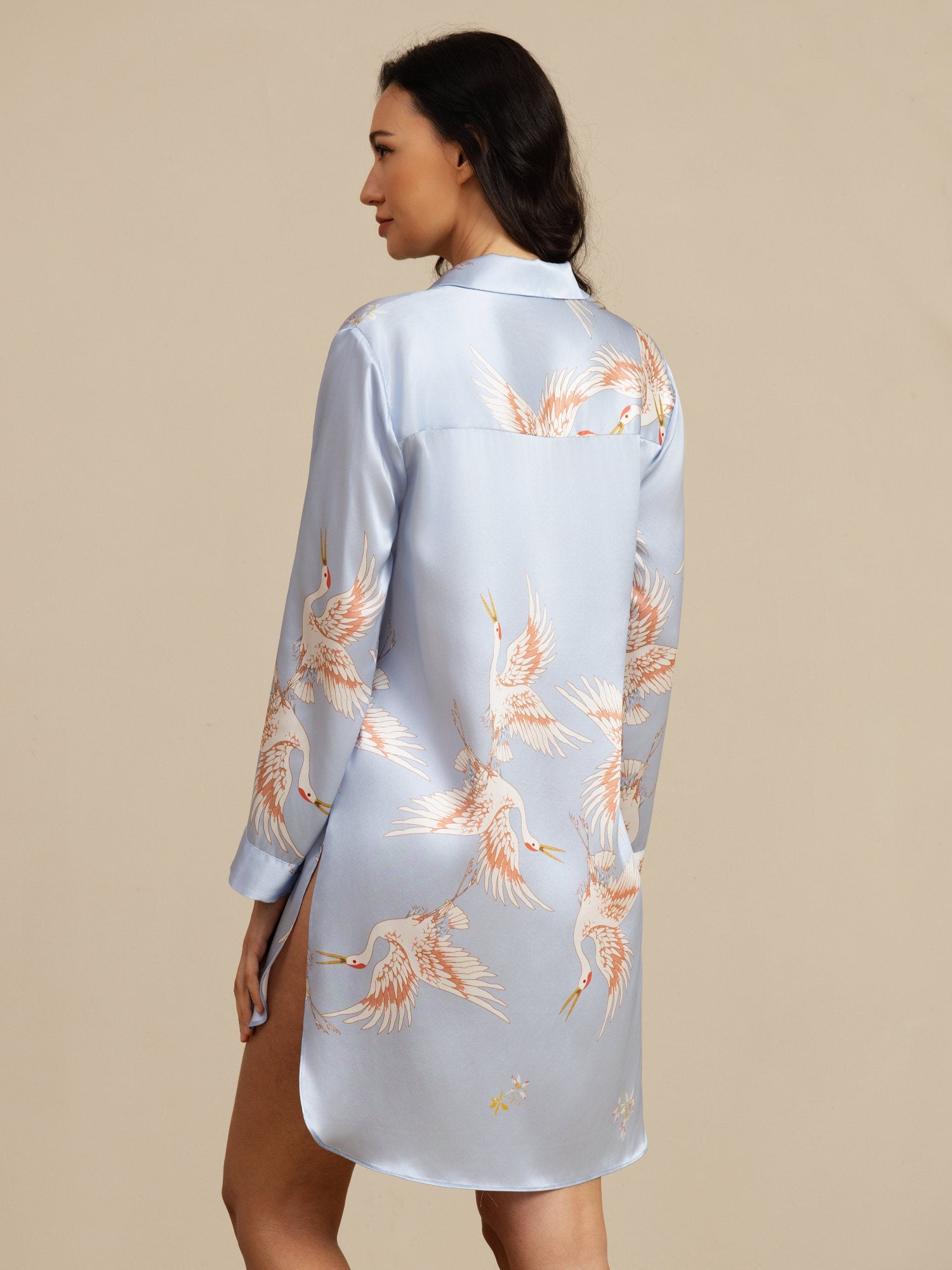 [Lichtblauw] SilkSilky-NL 19Momme Lange Mouw Notchkraag Slaap Hemd 002