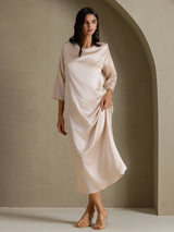[Beige] SilkSilky-NL 3/4 Sleeve Round Neck Jurk 005