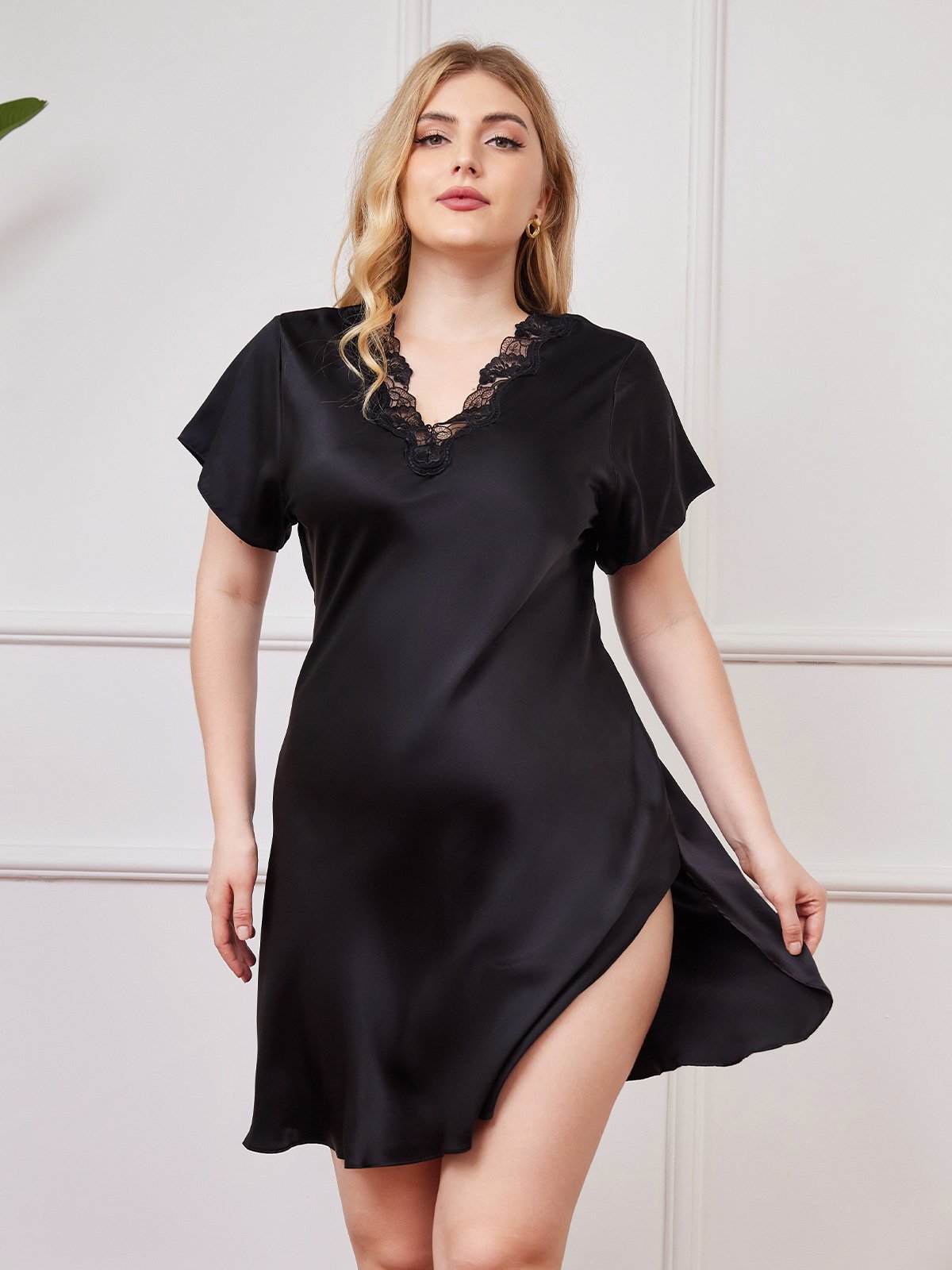 [Zwart] SilkSilky-NL Pure Silk Korte Mouw V-Hals Grote maten Nachthemd 001