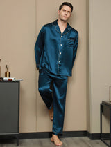 [Koningsblauw] SilkSilky-NL Lange Mouw Notchkraag Heren Pyjama Set 004
